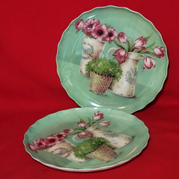 Vintage Melamine Plastic Green Dessert Plates Pink Tulips 8" Set of 2 - Picture 4 of 10